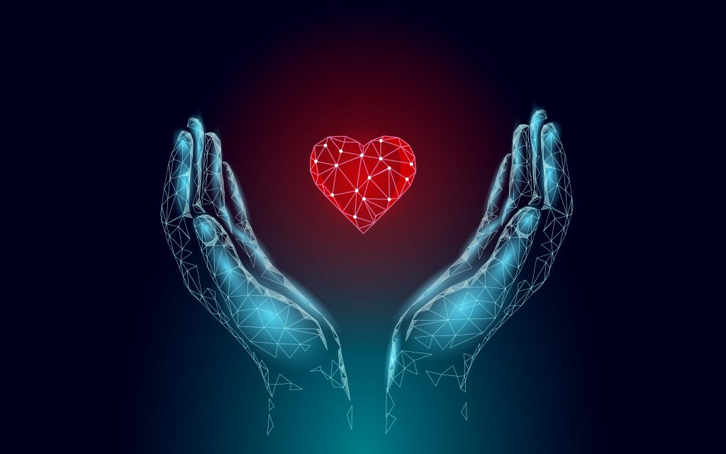 A pair of digital hands embracing a red heart icon - charities need to embrace digital transformation