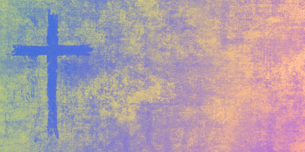 Blue cross on multicoloured background