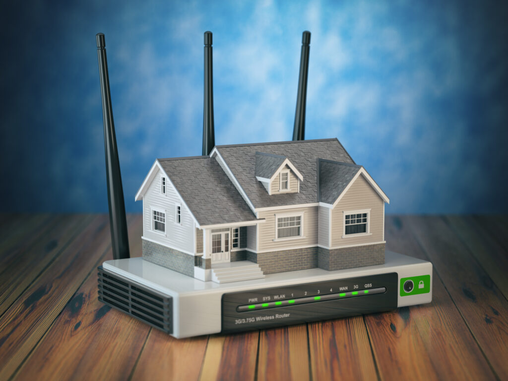 Stylized router with model of home sat on top