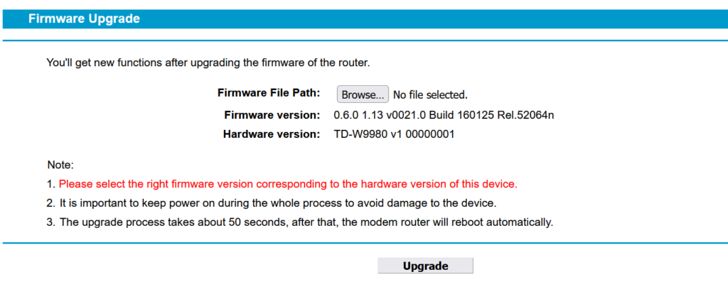 Firmware upload page on a TP link router