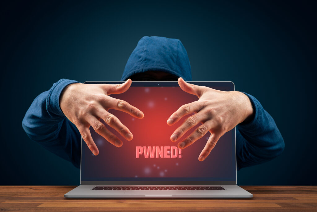 A hacker hovers behind a laptop with a red screen that says "Pwned"