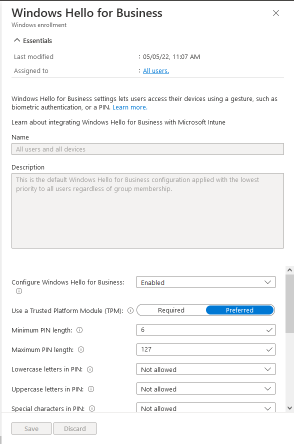 Microsoft Endpoint Manager (MEM) Hello for Business enrolment settings - Enabled