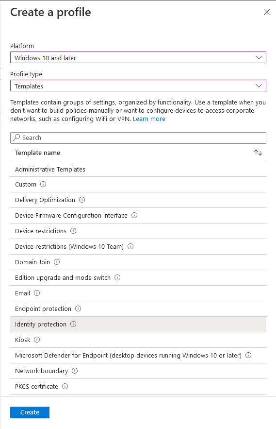 Creating a Identity Protection profile in Windows Endpoint Manager