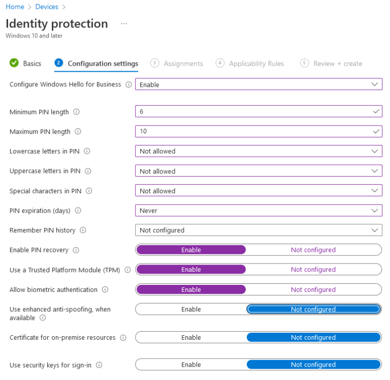 Creating a Identity Protection profile in MEM - configuration settings