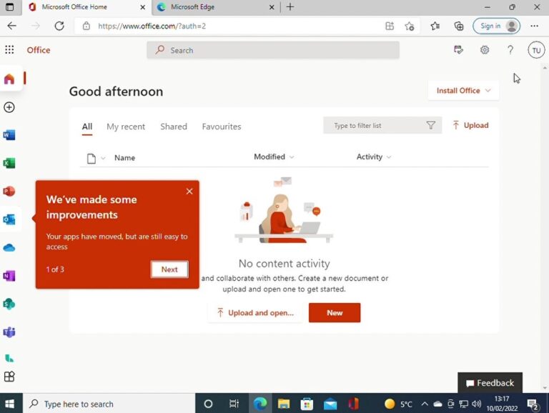 Screenshot of browser showing Office Online with Install Office button in top right