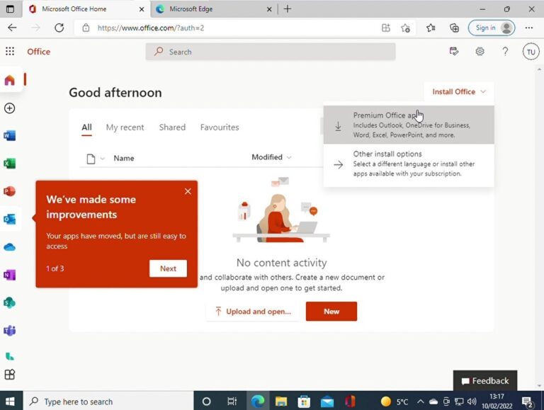 Browser showing Office Online when a user has pressed the "Install Office" option in the top right