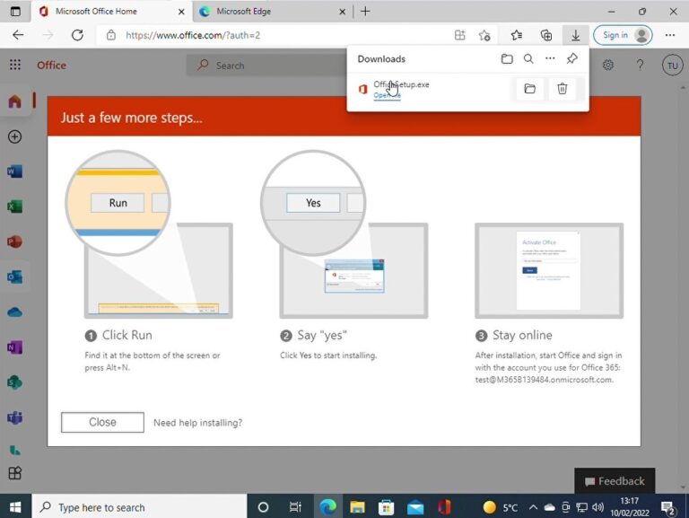 The install process for Office starts