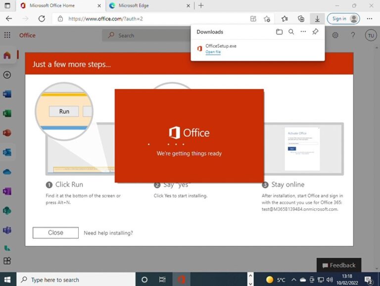 The Office desktop app installation continues
