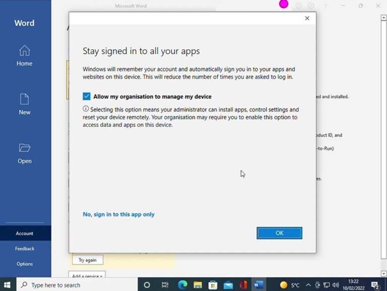 Allow my organisation to manage my device dialogue